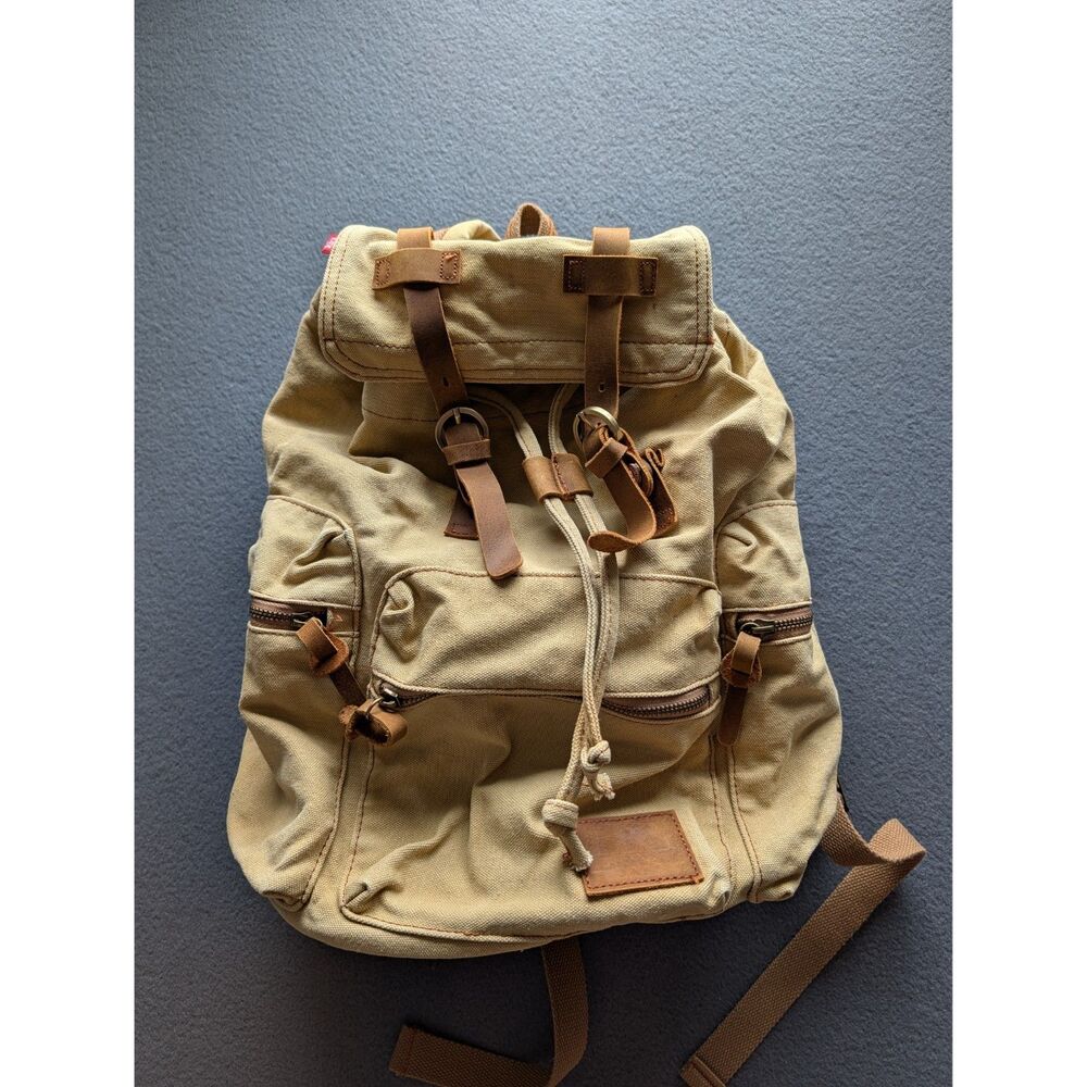 AUGUR Strauss & Co Canvas Leather Laptop Backpack Tan Brown Vintage Style